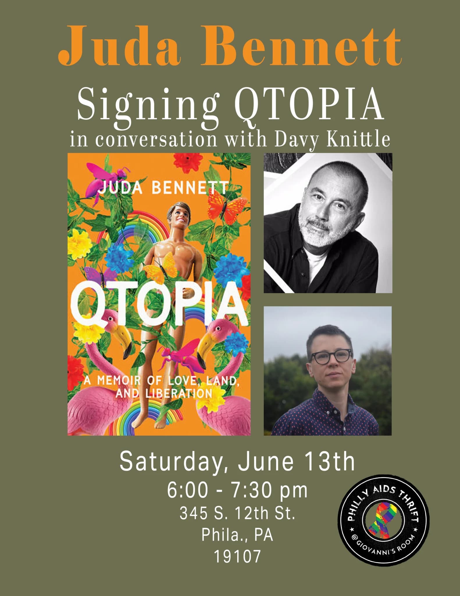 Juda Bennett signing QTOPIA: A Memoir of Love Land and Liberation in conversation with Davy Knittle