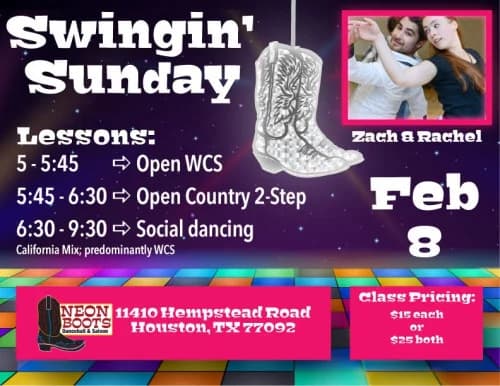 Get on over for SWINGIN' SUNDAY Lessons with Zach & Rachel at Neon Boots!